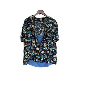 Womens Top Plus 3X Two Fer Floral Short Sleeve Dressy Blouse Blue Shell